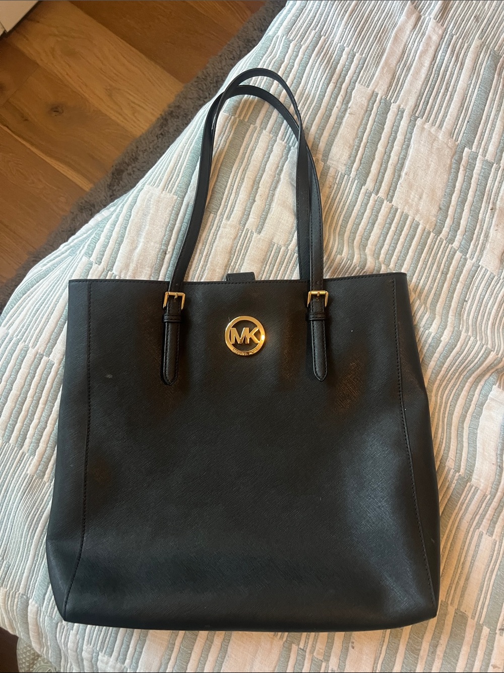 Michael Kors Black Leather Tote with Gold MK Medallion